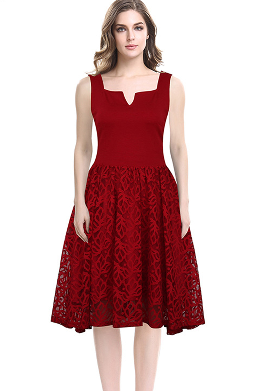 Unomatch Women Square Notched Neck Mid Length Party Dress Red - Dresses