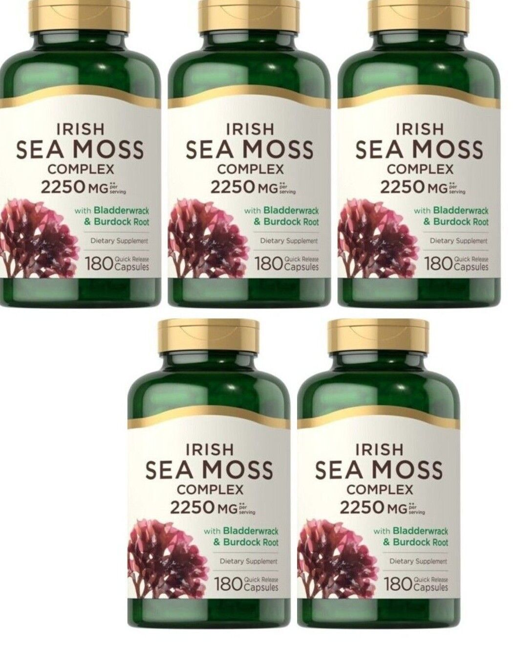 Irish Sea Moss Capsules 2250mg 5X180 Caps Bladderwrack/Burdock/Algae Non GMO