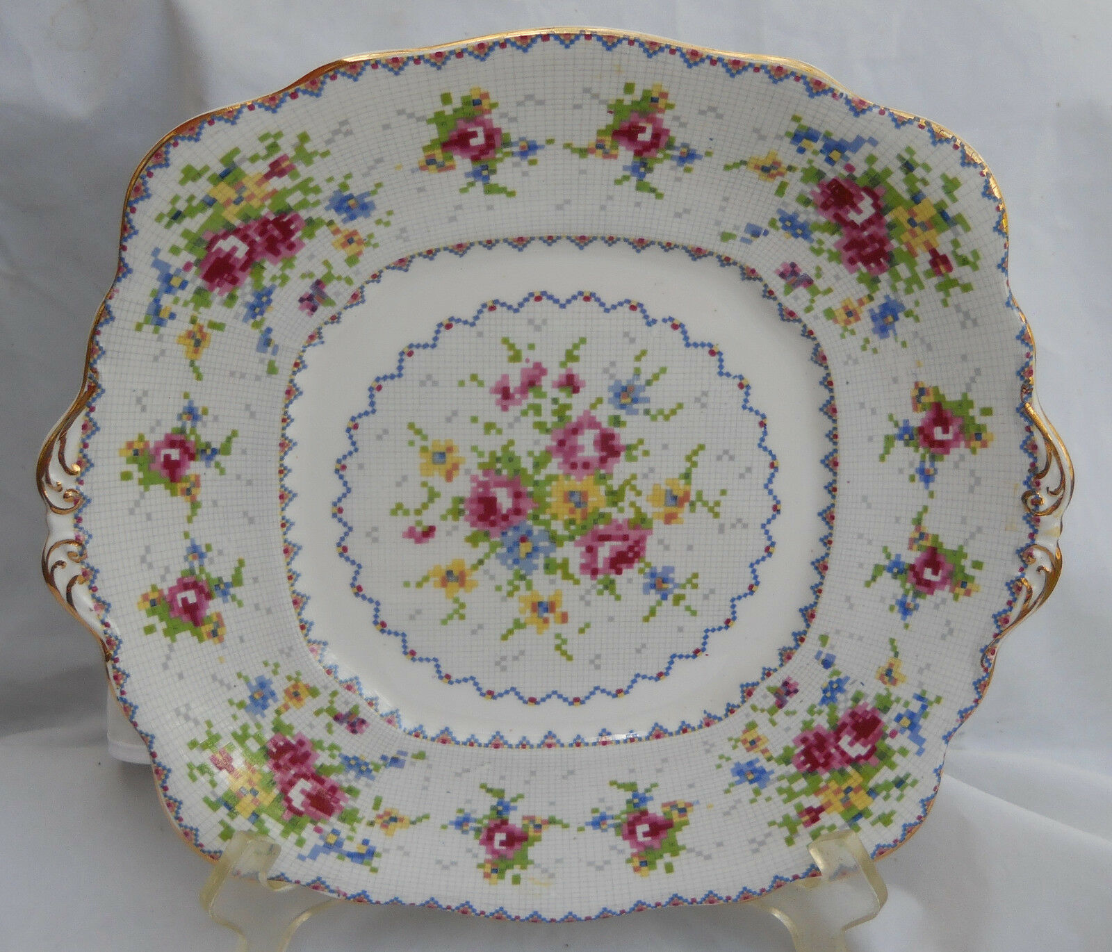Primary image for ROYAL ALBERT PETIT POINT CAKE PLATE HANDLES SQUARE ROSES ENGLAND BONE CHINA