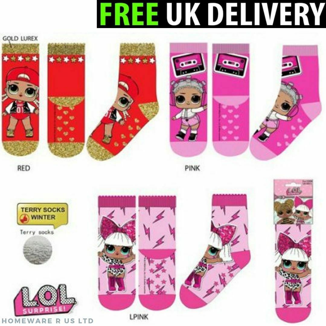 GIRLS 1 PAIR LOL SURPRISE WINTER GRIPPER SLIPPERS SOCKS WITH ABS   6-8 9-12 13-3