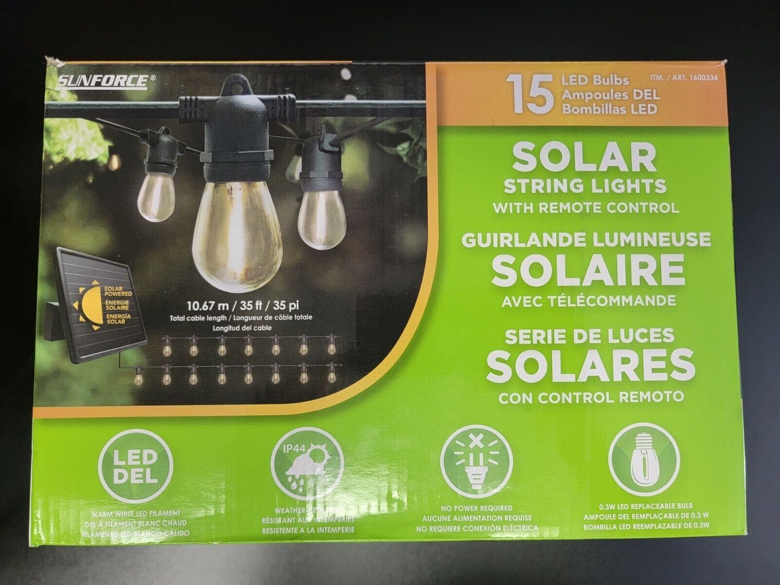 SUNFORCE 35' Solar LED String Light with Remote (15 Bulbs) patio lights