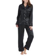 Women's Lightweight Silk-like Satin Black with White Piping Pajama Set XL