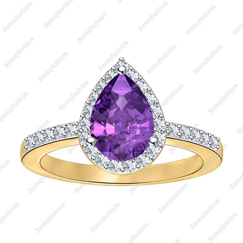 Wonderful Pear Amethyst & Diamond 14k Yellow Gp 925 Silver Engagement Halo Ring