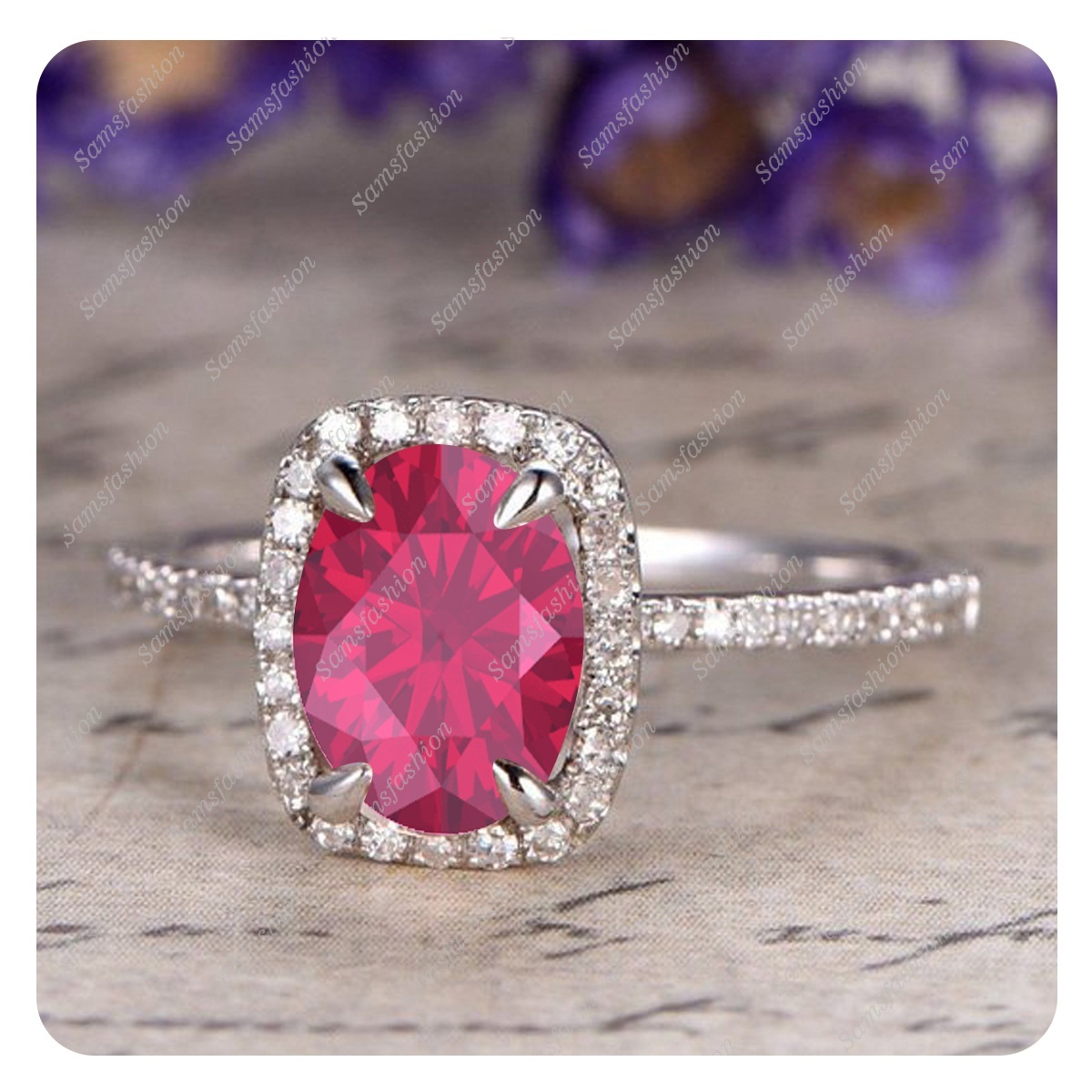 6x8mm Oval Cut Ruby & Diamond 14k White Gold Over .925 Silver Engagement Ring