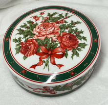Lefton Porcelain Roses and Holly trinket box round  1990 Large - $14.96