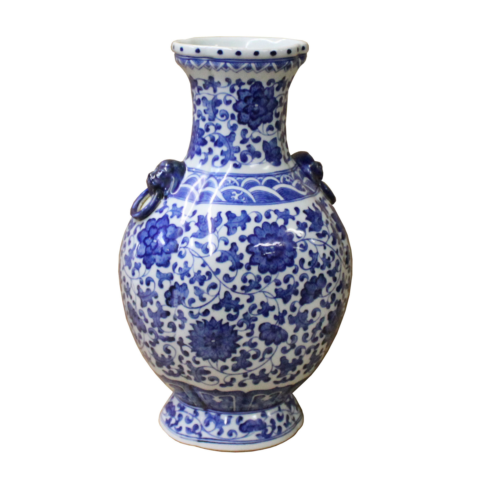 Chinese Blue & White Porcelain Oval Lotus Flower Vase