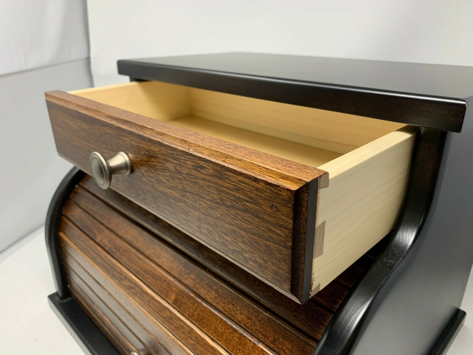 Amish Crafted Two Tone Wooden Rolltop / Roll Top Bread Box With Drawer