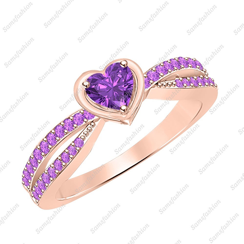 Heart Shape Purple Amethyst 14k Rose Gold Over Twisting Split Shank Wedding Ring
