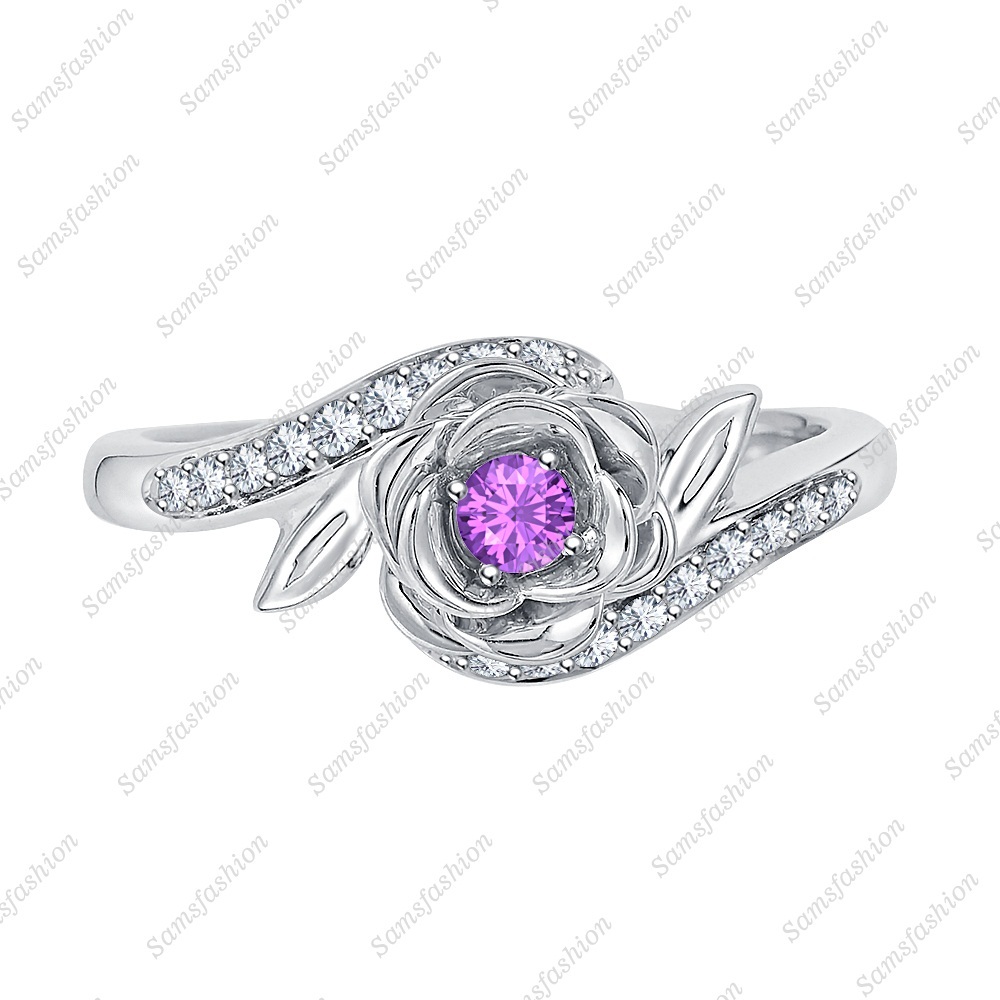 1/4 Ctw Disney Belles 925 Sterling Silver Amethyst & Diamond Flower Fashion Ring