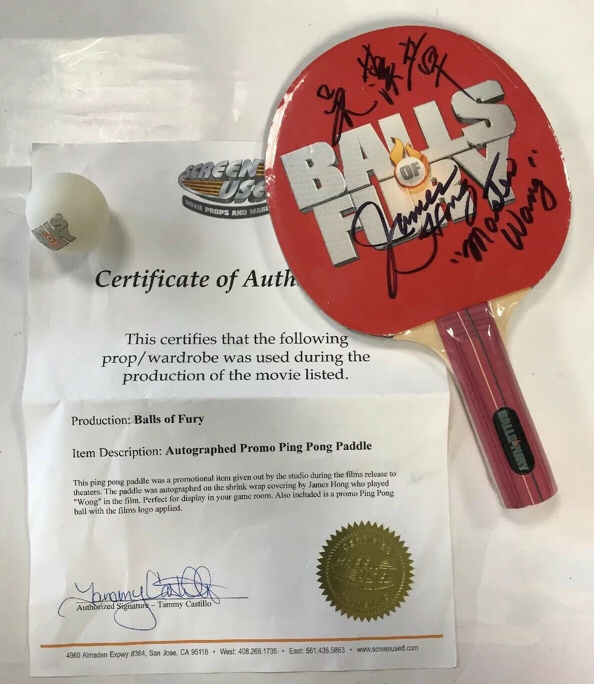 Balls Of Fury Ping Pong Paddle Autographed By James Hong "Wong" & Ball