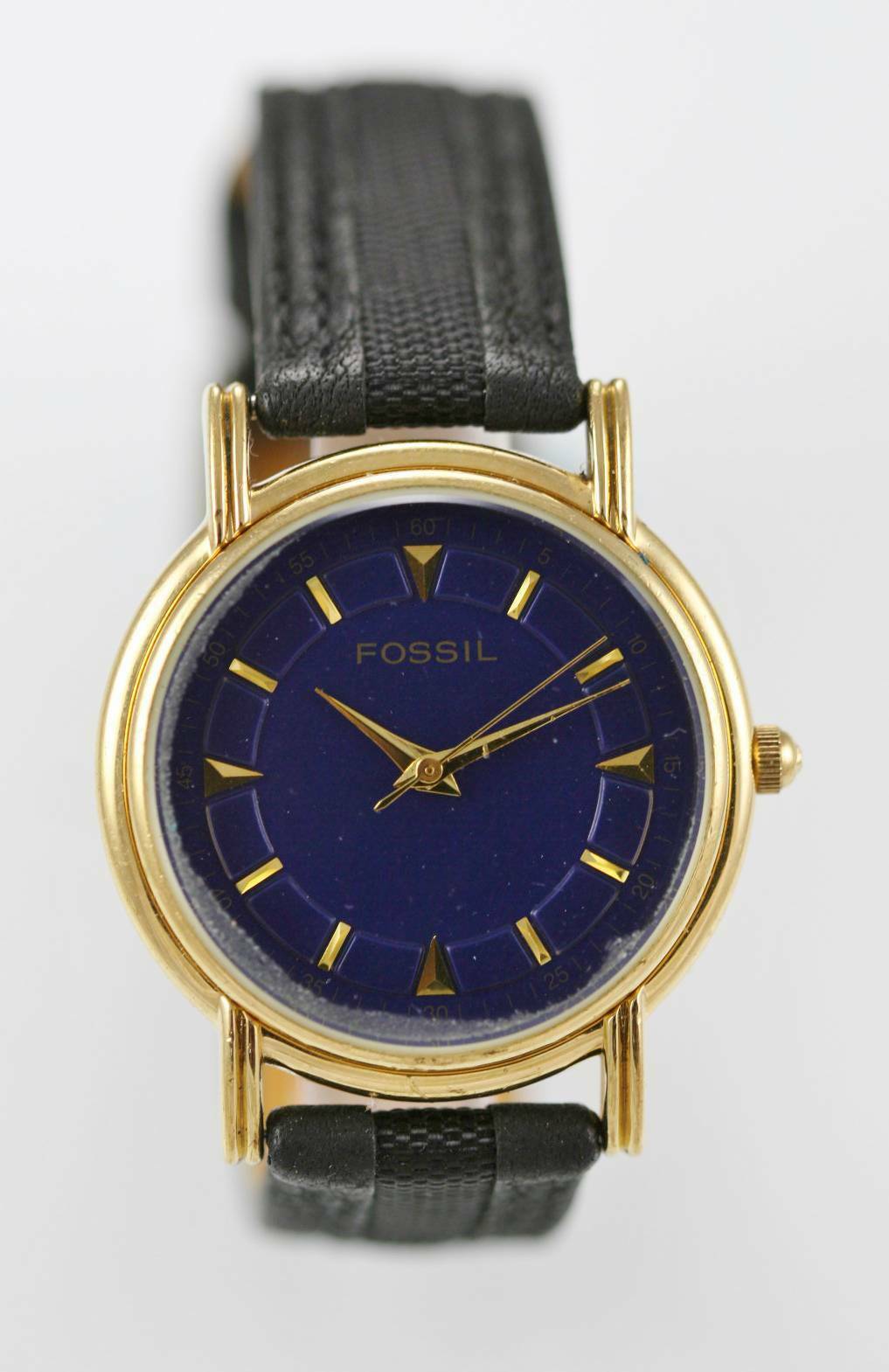 Fossil Watch Men Blue Stainless Gold Steel Water Resist 30m Leather Black Quartz Wristwatches 3219