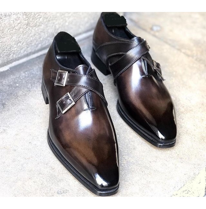 Hand Made Monk Cross Strap Cowhide Leather Patent Coffee Brown Men Formal Shoes