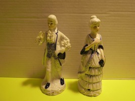 Vintage Porcelain Figurine Colonial Man &amp; Woman Blue &amp; White Lace Gold T... - $32.00