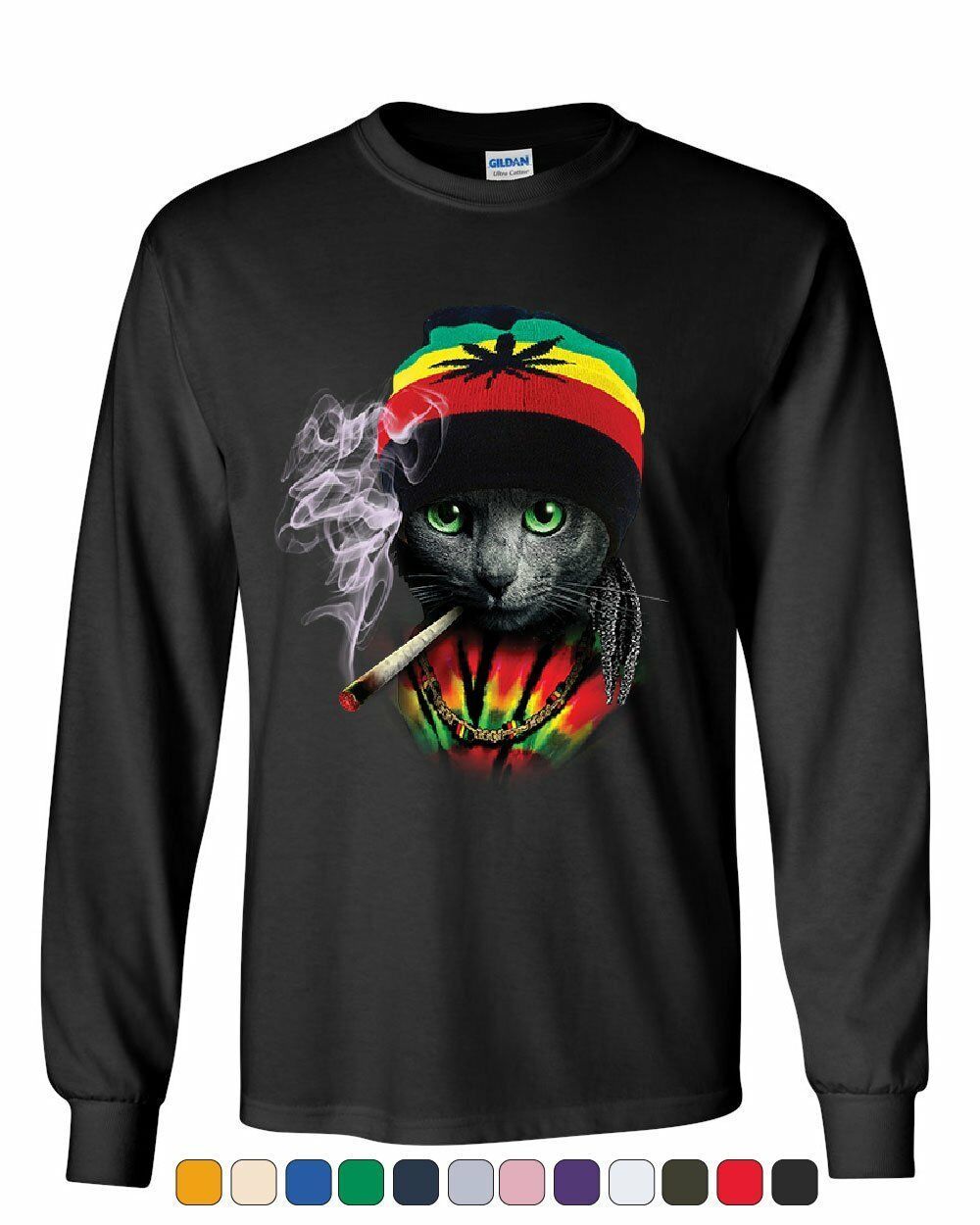 Rasta Cat Long Sleeve T-Shirt Smoking Joint 420 Jamaica Marijuana Pot Weed Tee
