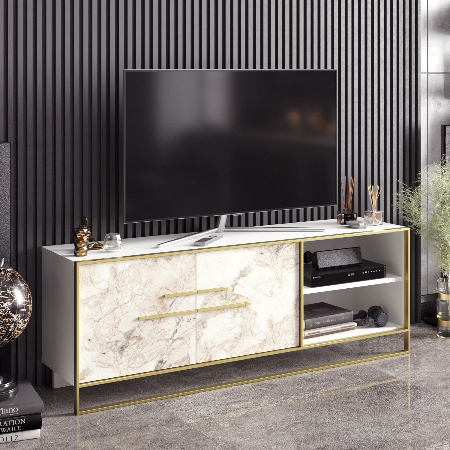 Polka TV Stand & Media Console for TVs up to 73 - Ephesus White & Gold