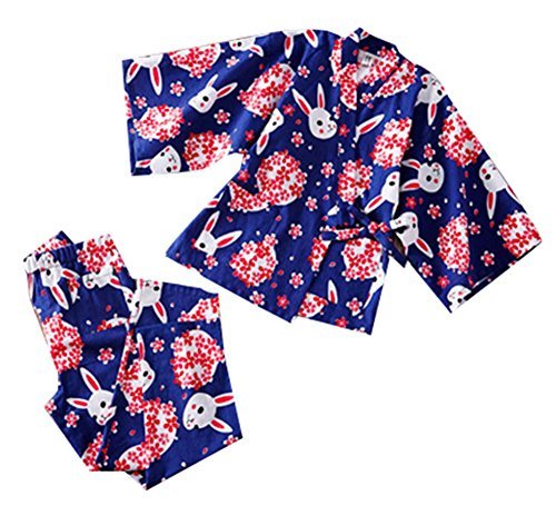 Cute Rabbit Women's Kimono Pajama Long Sleeve Two-Piece Yukata Tracksuit, Blue