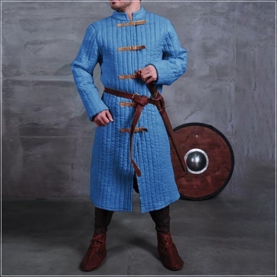 Medieval Blue Turtleneck Long Sleeve Padded Canvas Gambeson Tunic Battle Coat