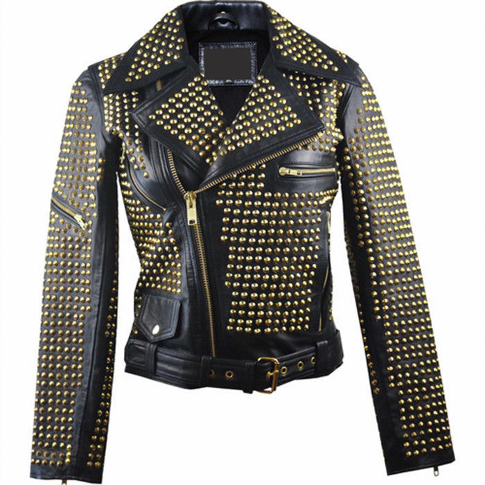 Mens Black Golden Studded Brando Biker Belted Leather Jacket Vintage Club Style