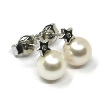 18K WHITE GOLD MINI EARRINGS WITH STAR, WHITE ROUND PEARLS 6 MM AND DIAMONDS image 1