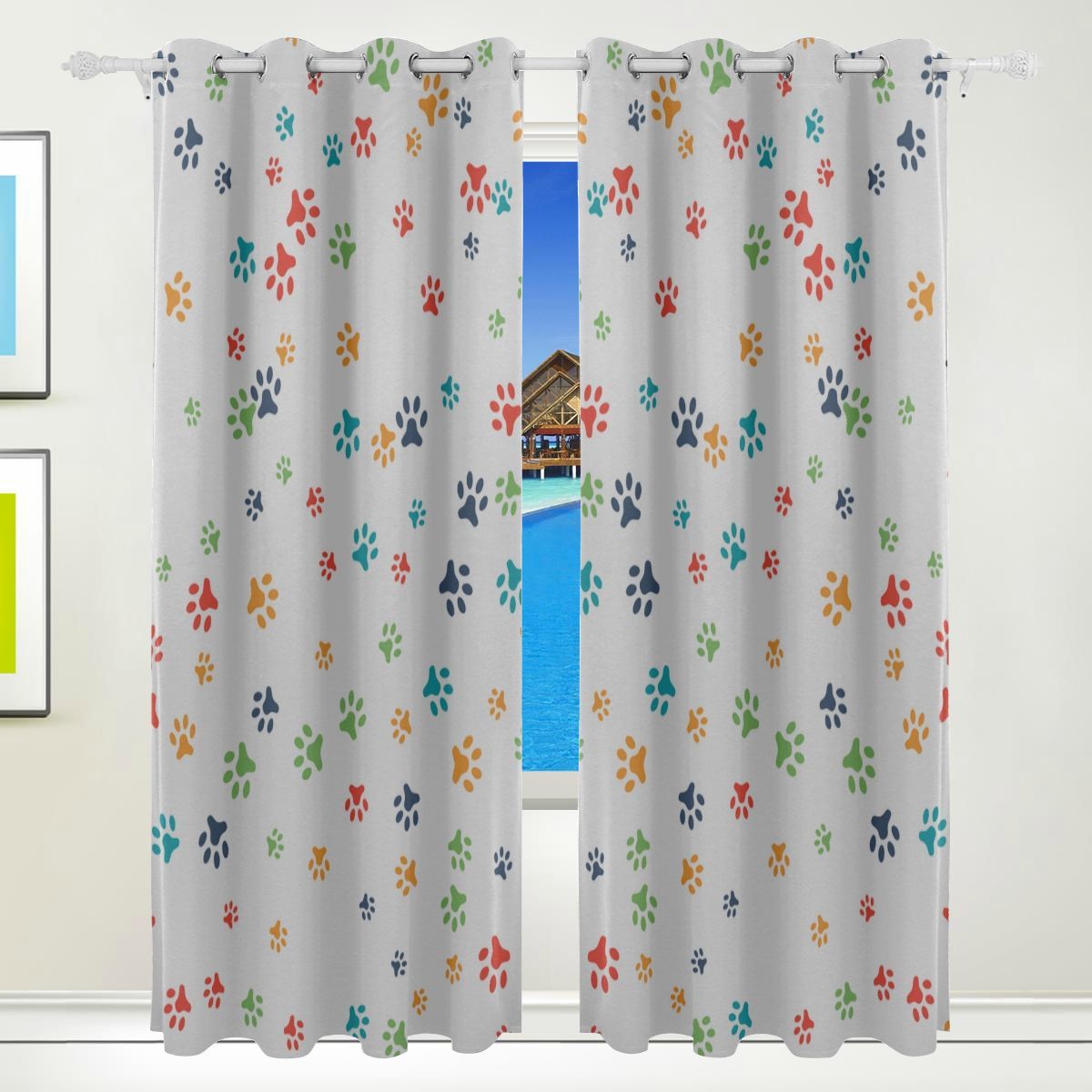 Window Curtains For Kitchen Kawaii Dog Paw Cute Puppy Print Shower