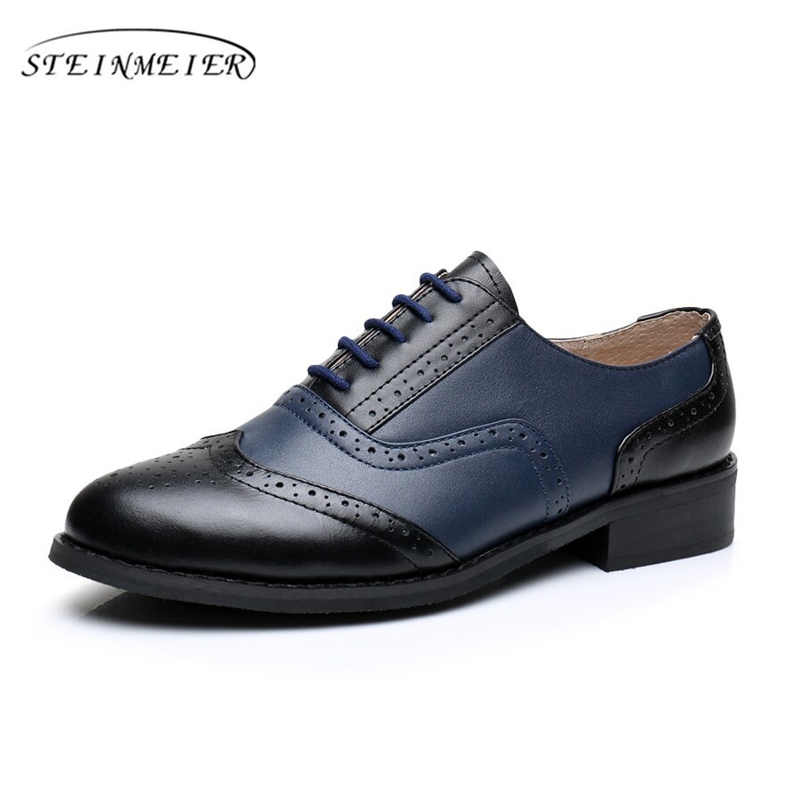 women flat leather oxford shoes woman handmade US 11 black blue 2021 sping vinta