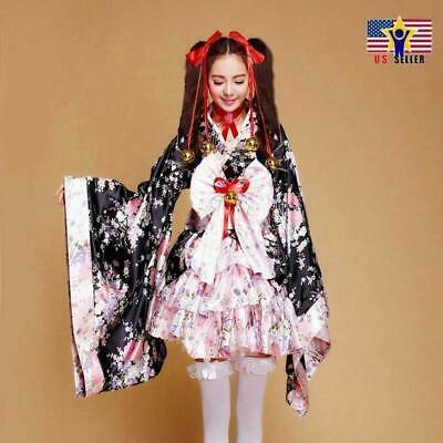 Sakura Kimono Lolita Maid Uniform Outfit Cosplay Costume Party Dress Size- XL