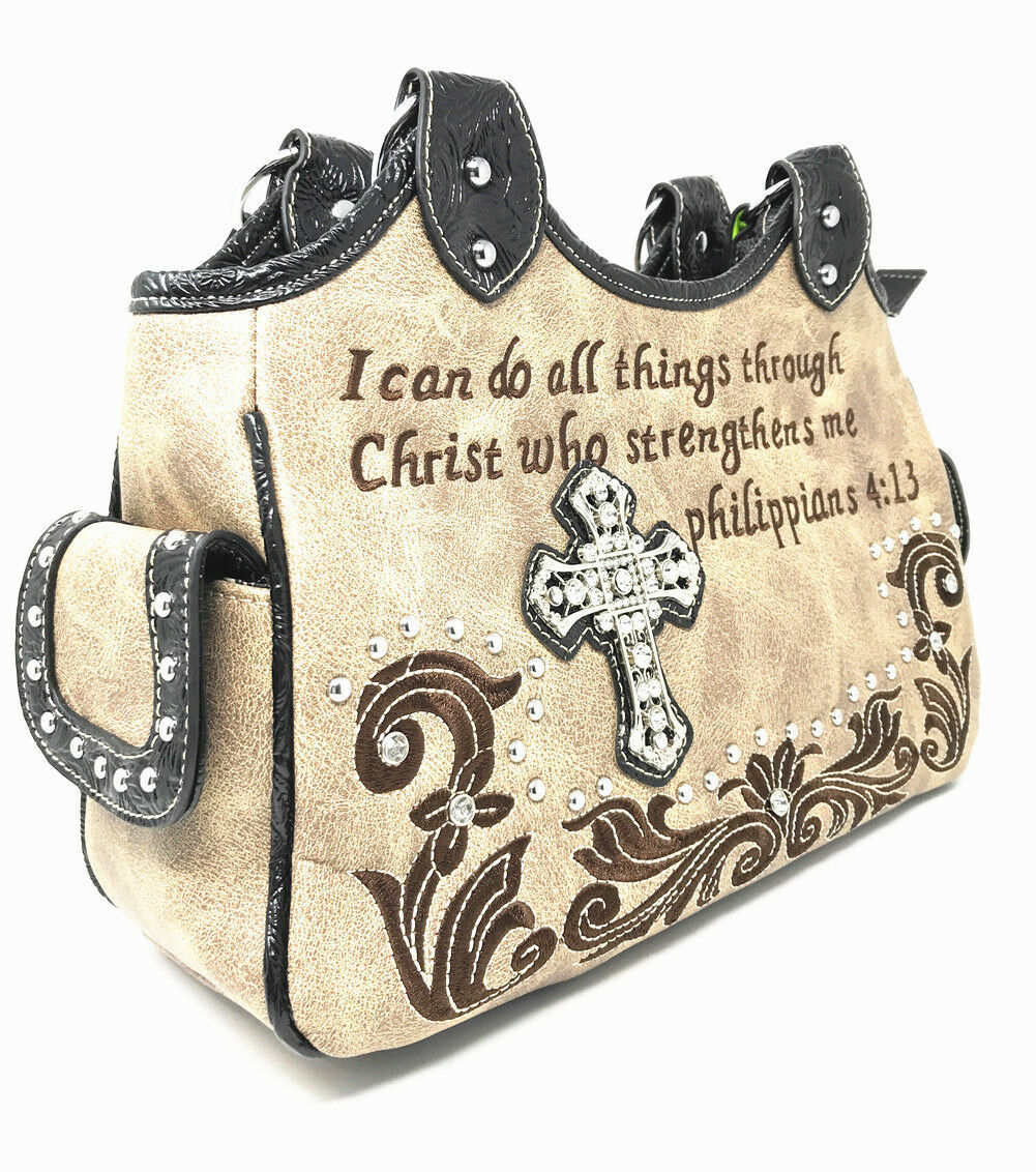 Concealed Carry Bible Verse Rhinestone Cross Flora Embroidered Women