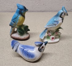 3 Porcelain Blue Jay Bird Statues Figurines lot - JAPAN