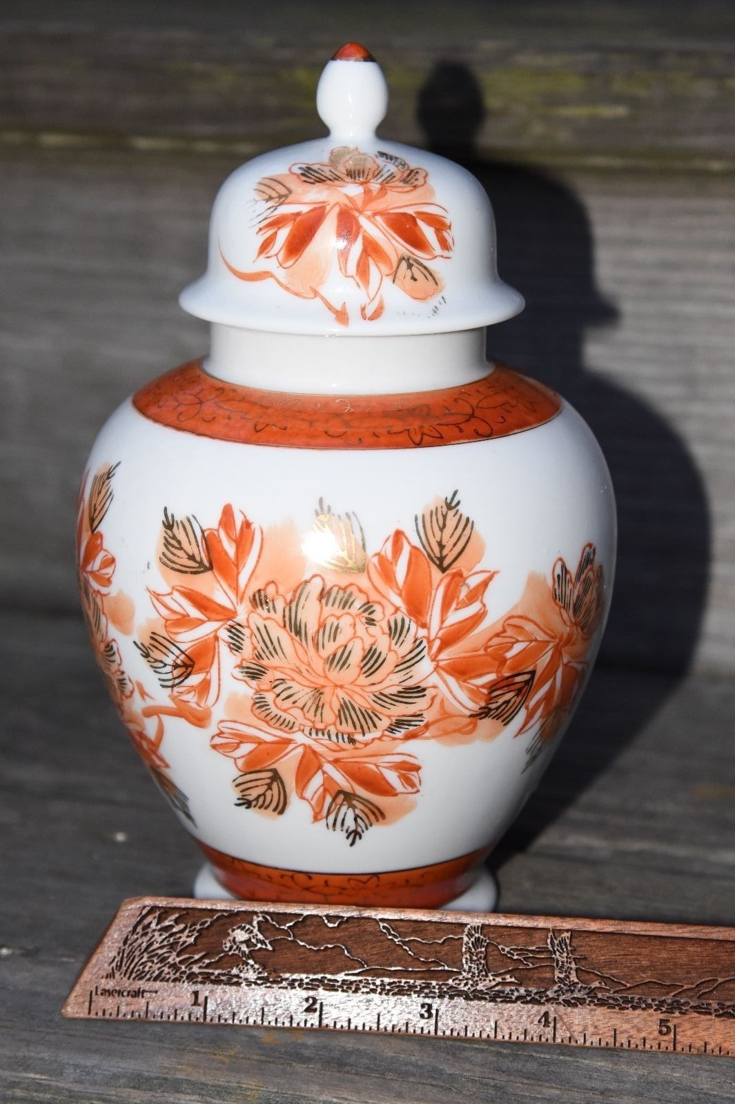GINGER JAR STORAGE PORCELAIN ORANGE FLORAL KITCHEN HAND PAINTED GOLD