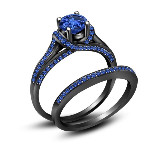 Black Gold Finish 925 Sterling Silver Round Blue Sapphire Engagement ...