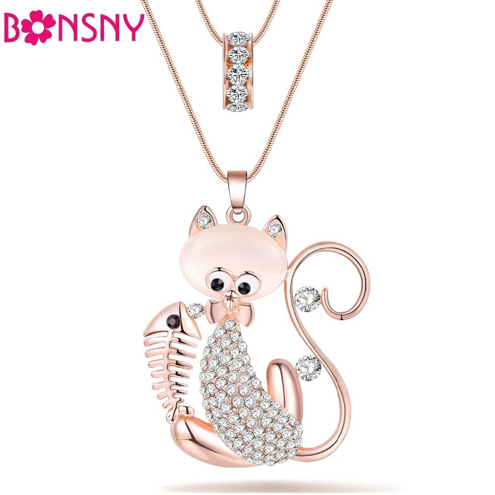 Cat Necklace Long Pendant  Brand Crystal Chain New 2015 Zinc Alloy Girl Women Fa