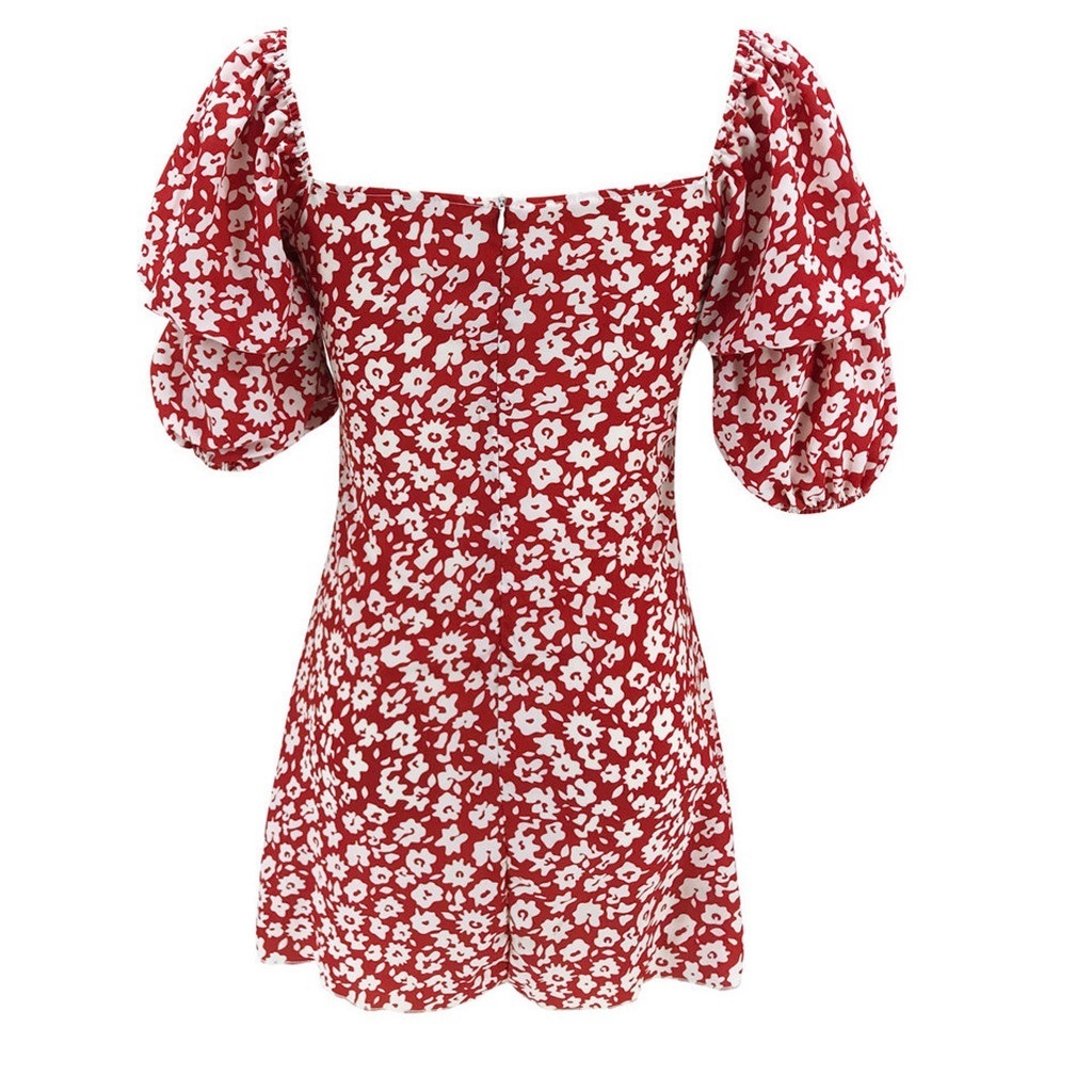 New red floral square neck short sleeve A line women short top mini ...