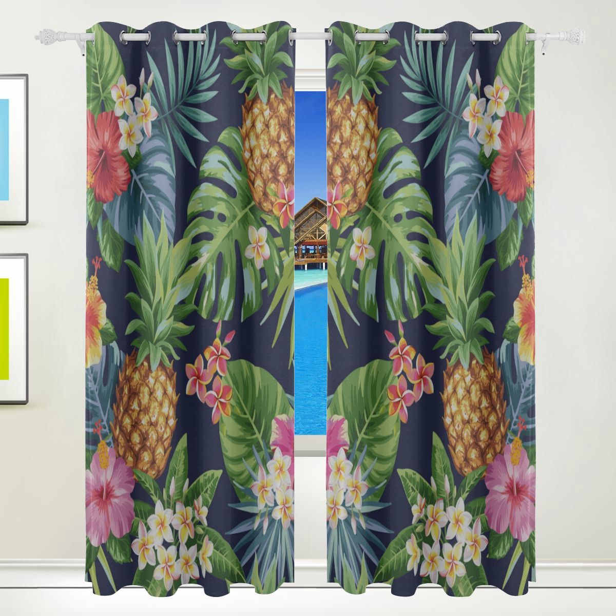 Long Bedroom Curtains Tropical Palm Tree Leaves Pineapple Print Bedroom ...