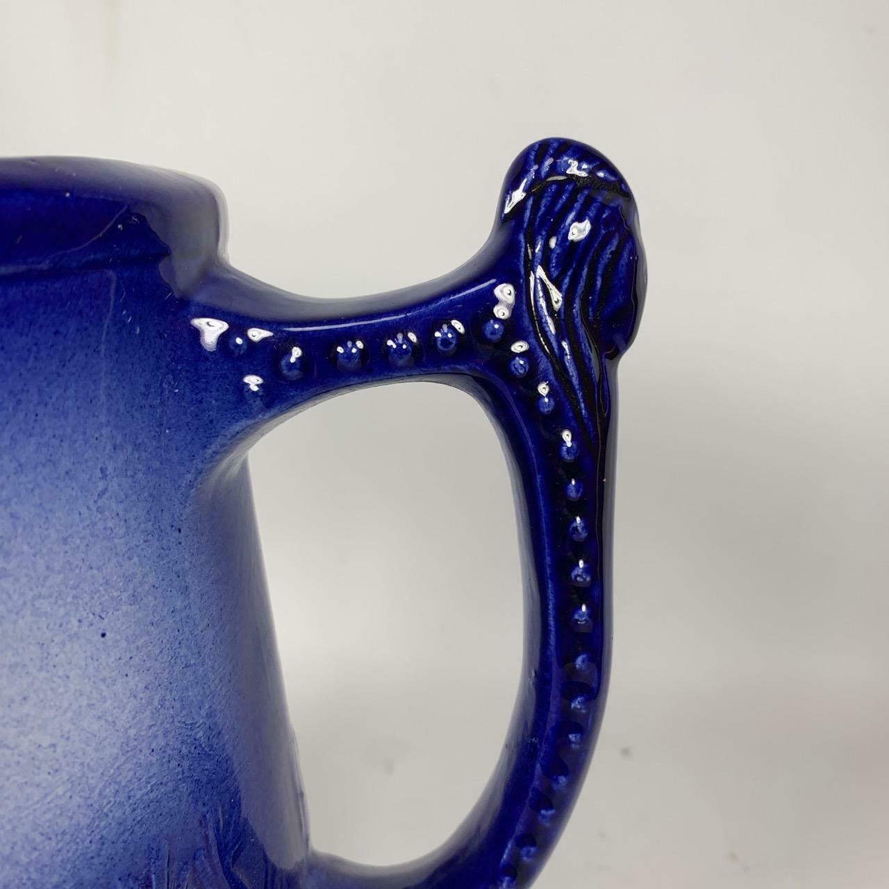 Vintage 8.5" Blue IRONSTONE ENGLAND 1890 Art Pottery Pitcher Jug Indian