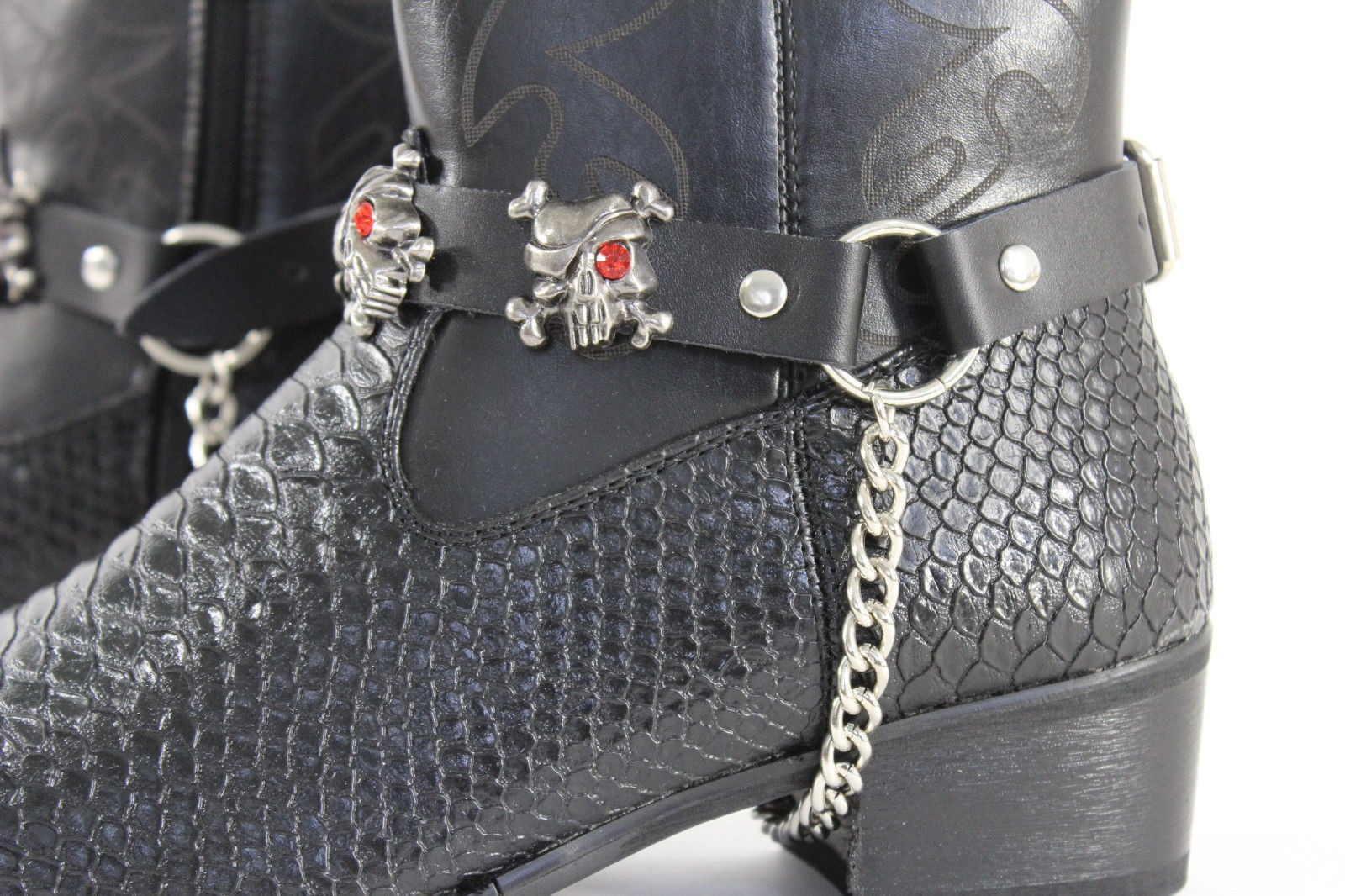 New Men Biker Boots Bracelets Chain Black Leather 2 Straps Skull Skeleton Pirate