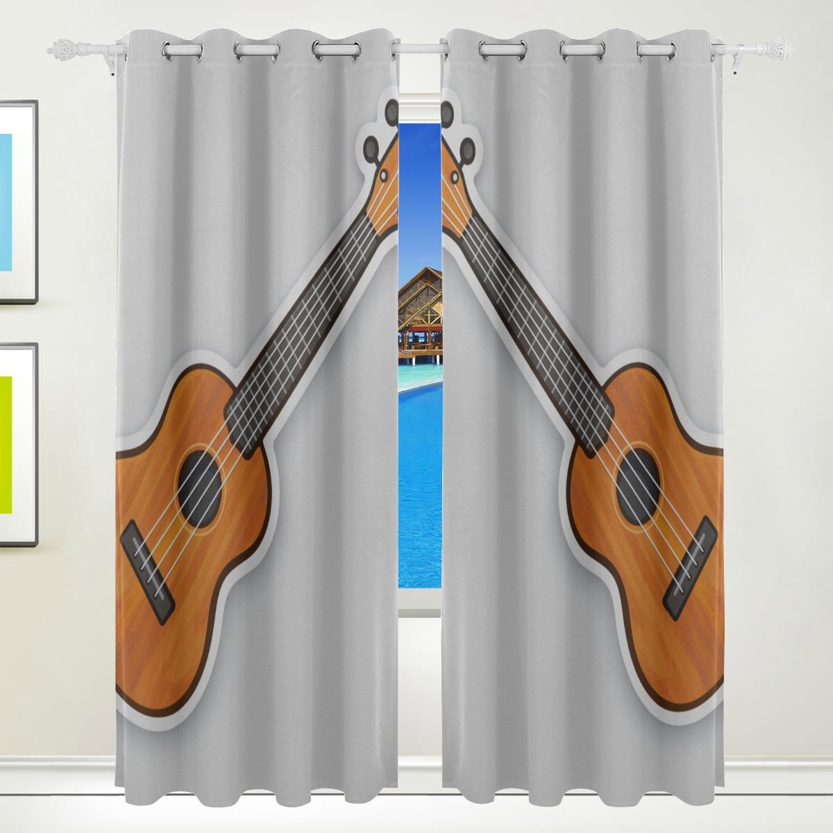 Blackout Curtains Vintage Popular Musical Instrument Guitar Print