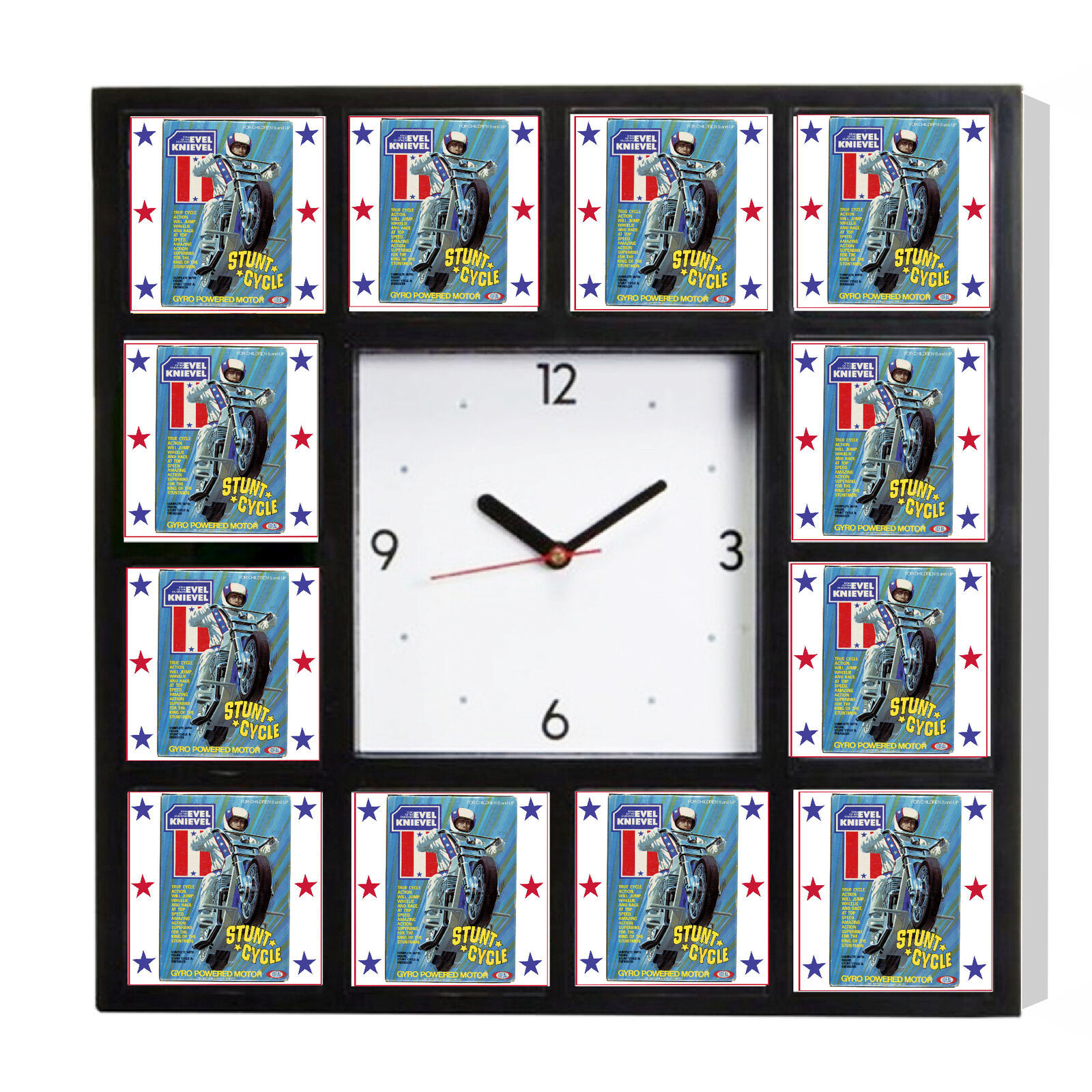 Evel Knievel Stunt Cycle Clock promo around the Clock with 12 surrounding images Advertising