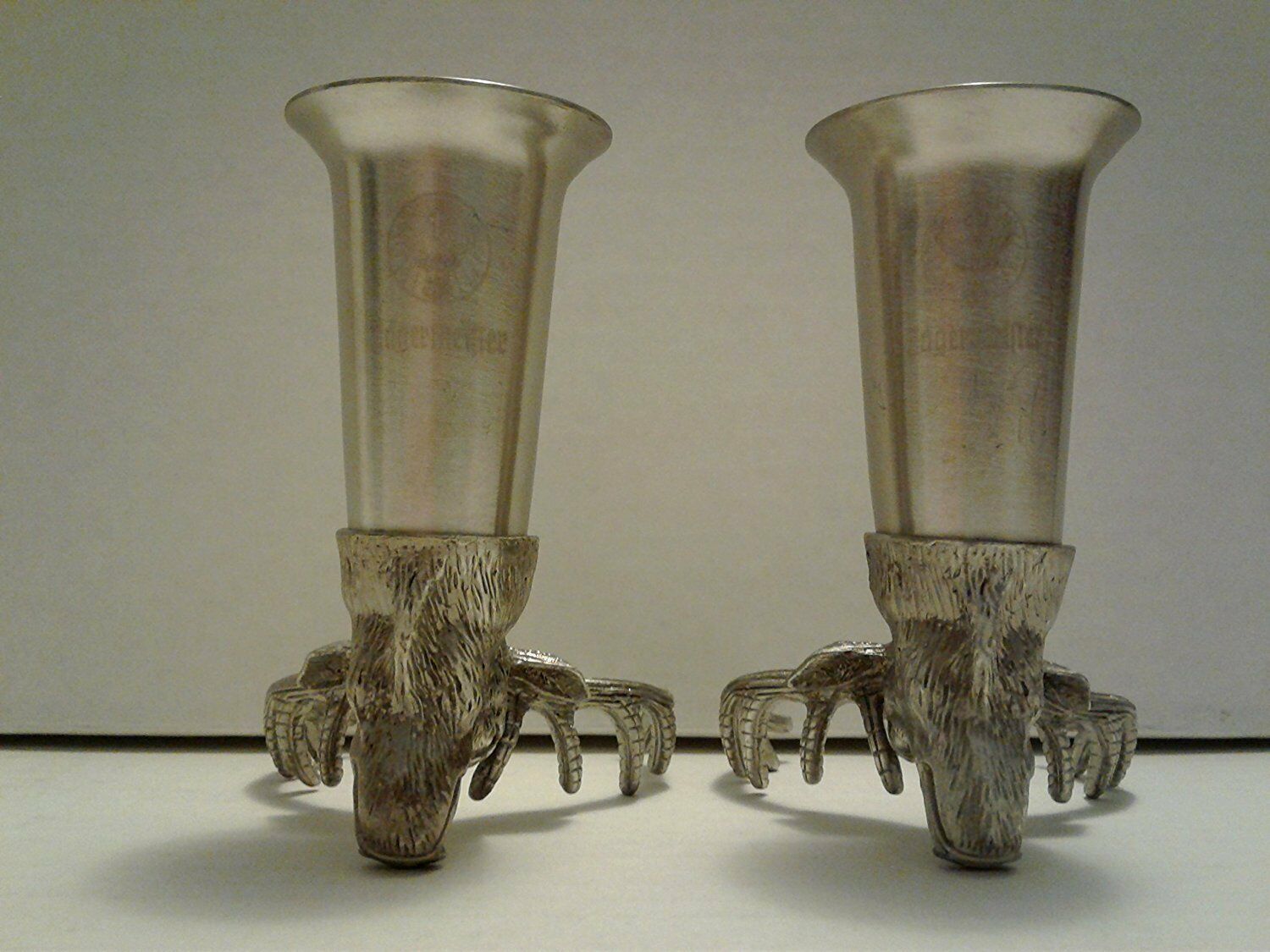 Pair 2 Jagermeister 12 Pt Deer Stag Head Pewter Steel Stirrup Cup Shot