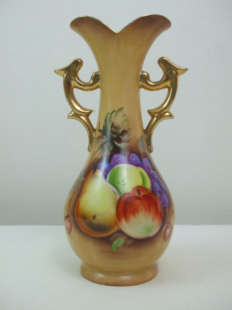 Vintage 1960 s Lefton China Vase NE3117 Hand Painted Fruits Gold Handles 8 5