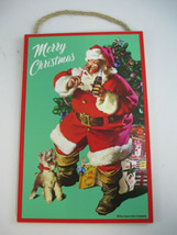 Coca-Cola Wood Sign Santa Holiday Christmas Santa Shhh! with Dog - $10.89