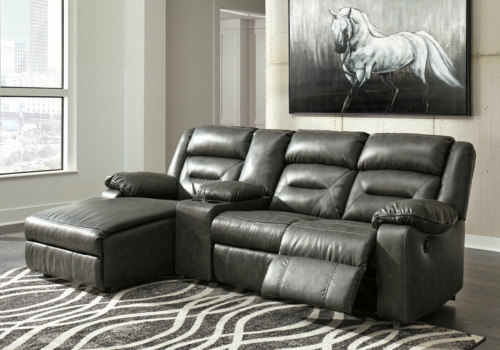 4 piece Sectional Gray Faux Leather Reclining Sofa Chaise Living Room