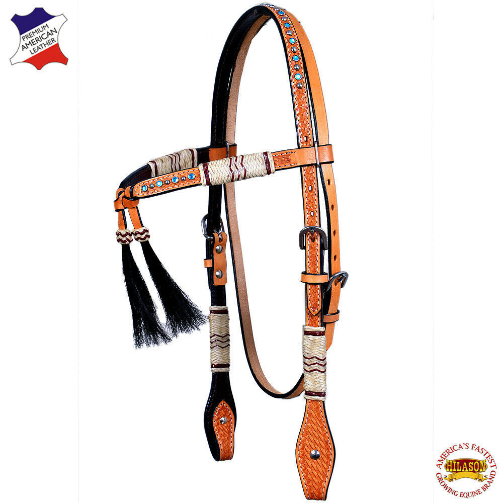 Western Horse Headstall Tack Bridle American Leather Rawhide Brown U4
