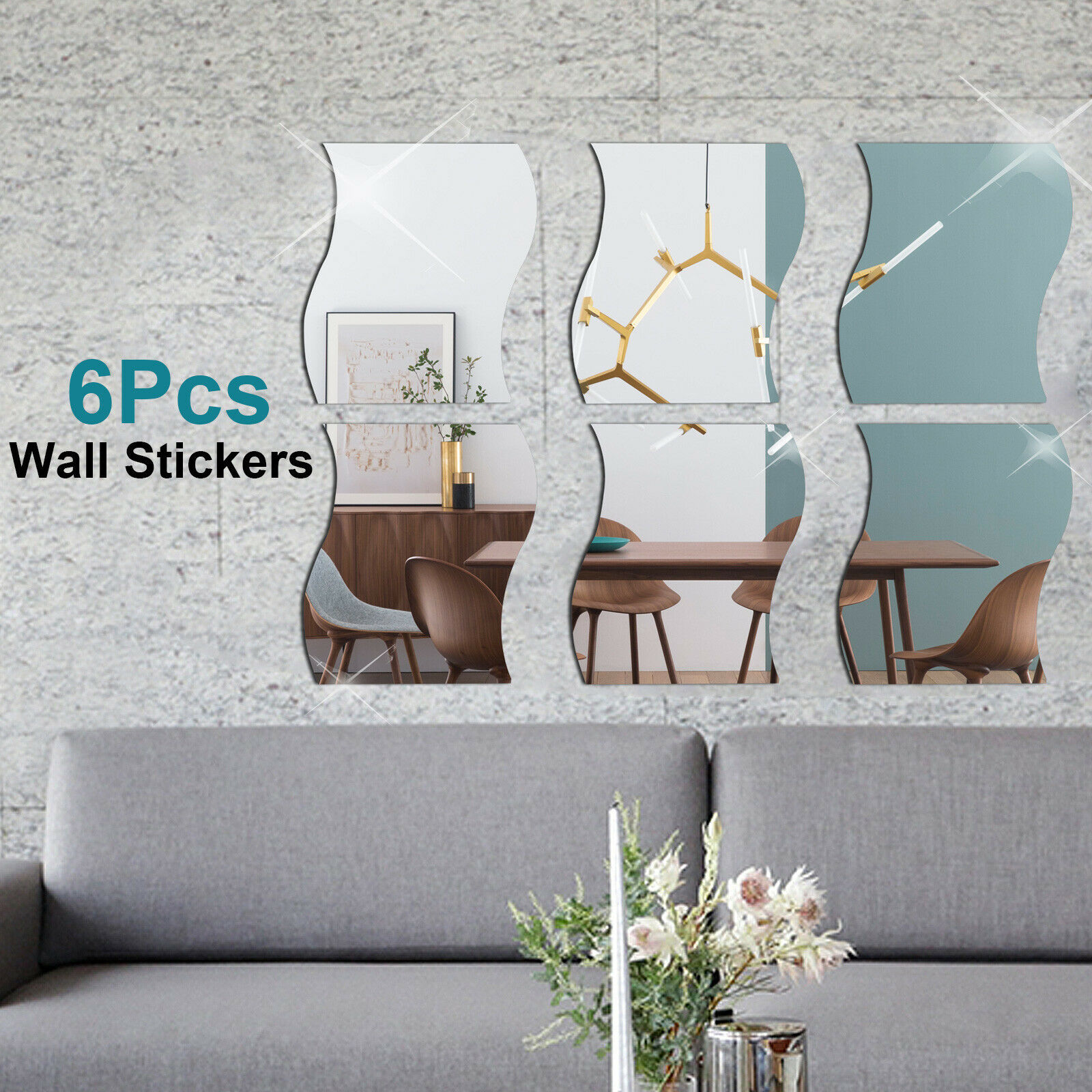 6PCS Wall Foil Mirror Decorative Wall Sticker Selfadhesive Decal Home