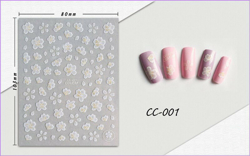 Nail Art 3D Decal Stickers White Yellow Design Flowers Leaves CC001