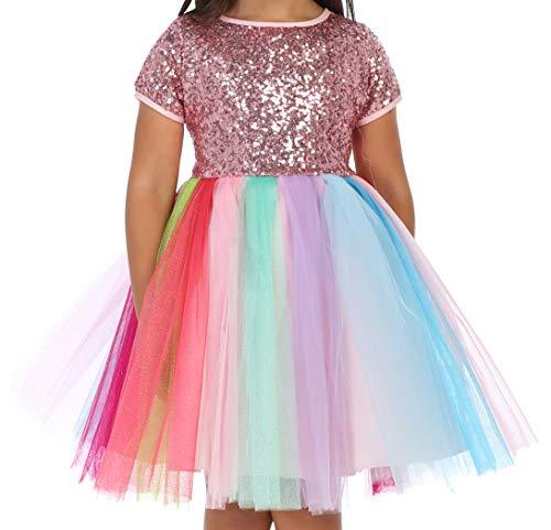 Little Girl Short Sleeve Sequin Rainbow Tutu Tulle Birthday Flower Girl ...