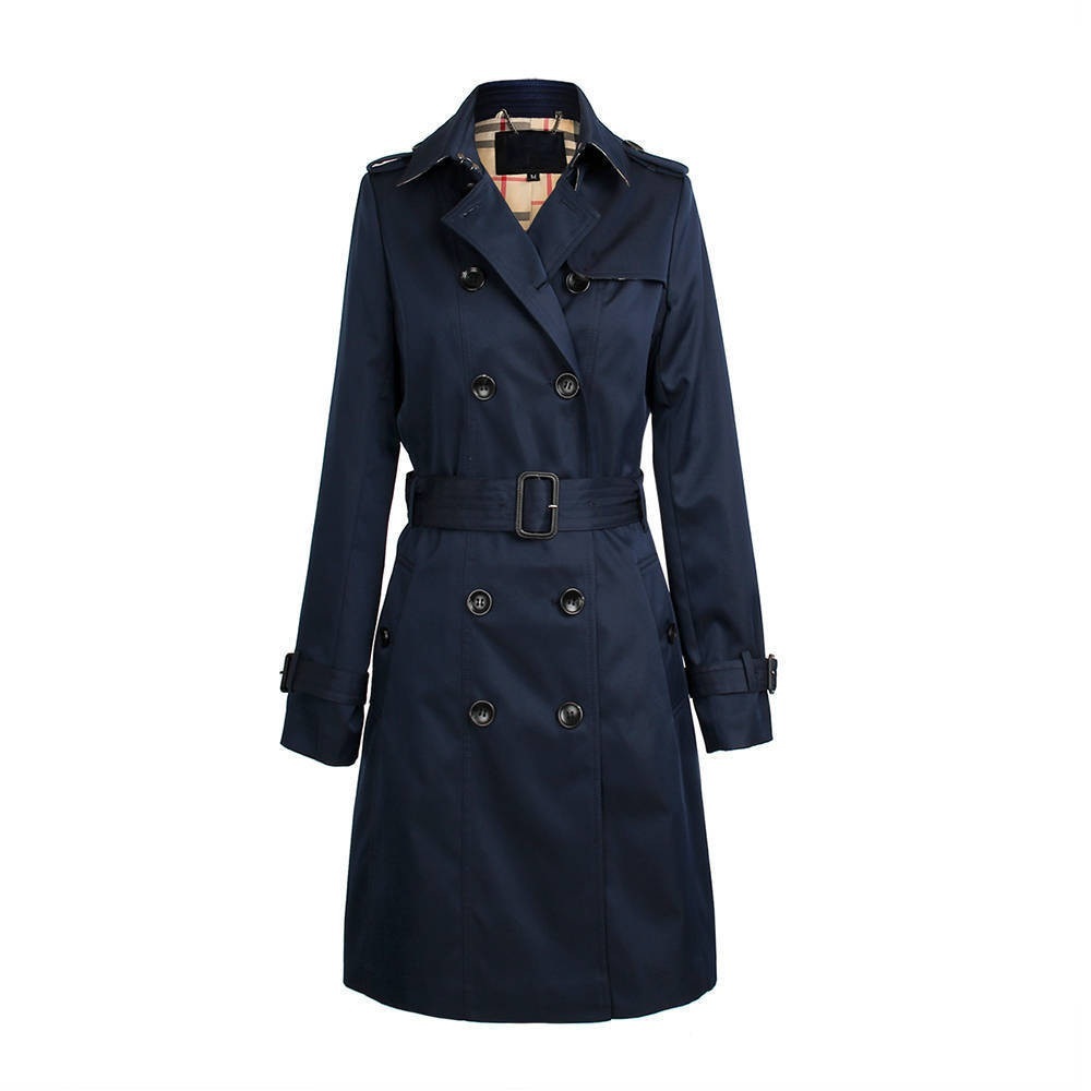 New classy navy blue double breasted classic midi women's trench coat plus size