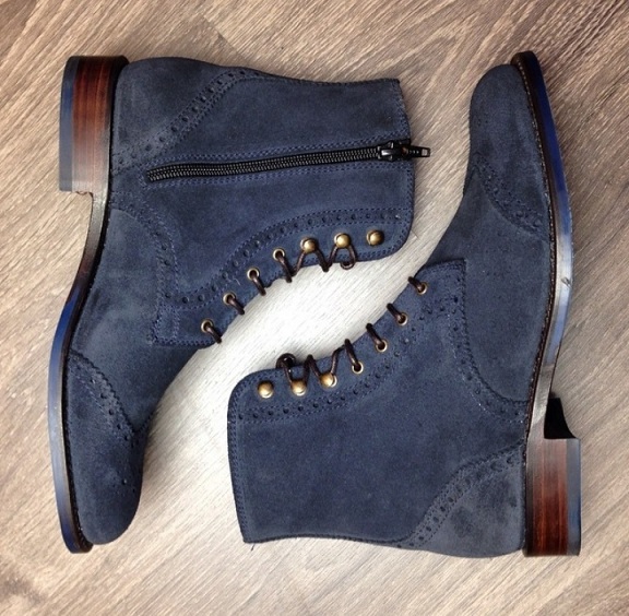 Handmade Men’s Navy Blue Lace Up Boots,Suede Leather Wing Tip Brogue Zipper Boot