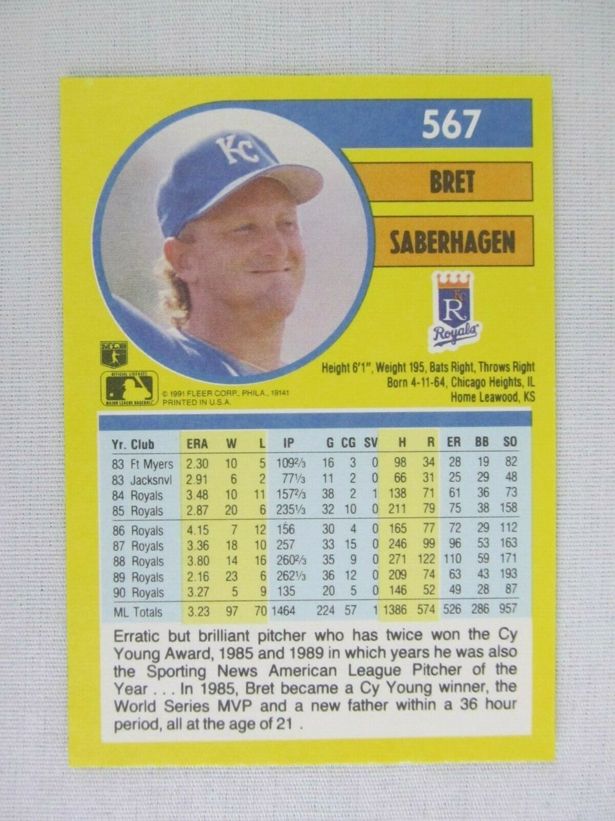 Bret Saberhagen Kansas City Royals 1991 Fleer Baseball Card 567