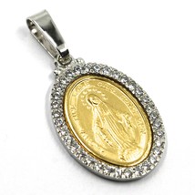 18K YELLOW WHITE GOLD ZIRCONIA MIRACULOUS BIG 24mm MEDAL VIRGIN MARY MADONNA image 2