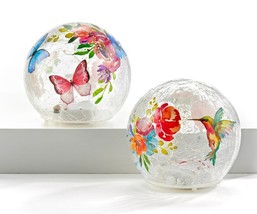 Butterfly Hummingbird Orbs Crackle Glass Lighted Set of 2 LED 4.7" Diameter 